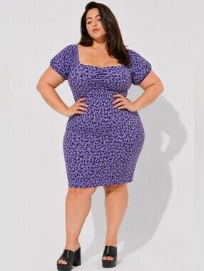 Torrid x Betsey Johnson Plus Size Lavender Floral Ruched Midi Dress Puff Sleeve